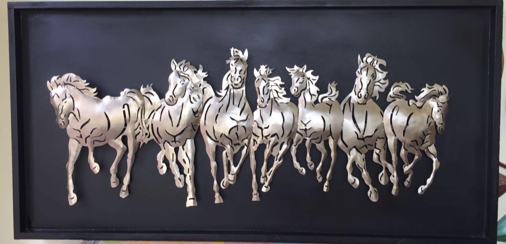7 Horses Vaastu With Classic Black/Brown Frame & LED Office Home Décor By Tamrapatra