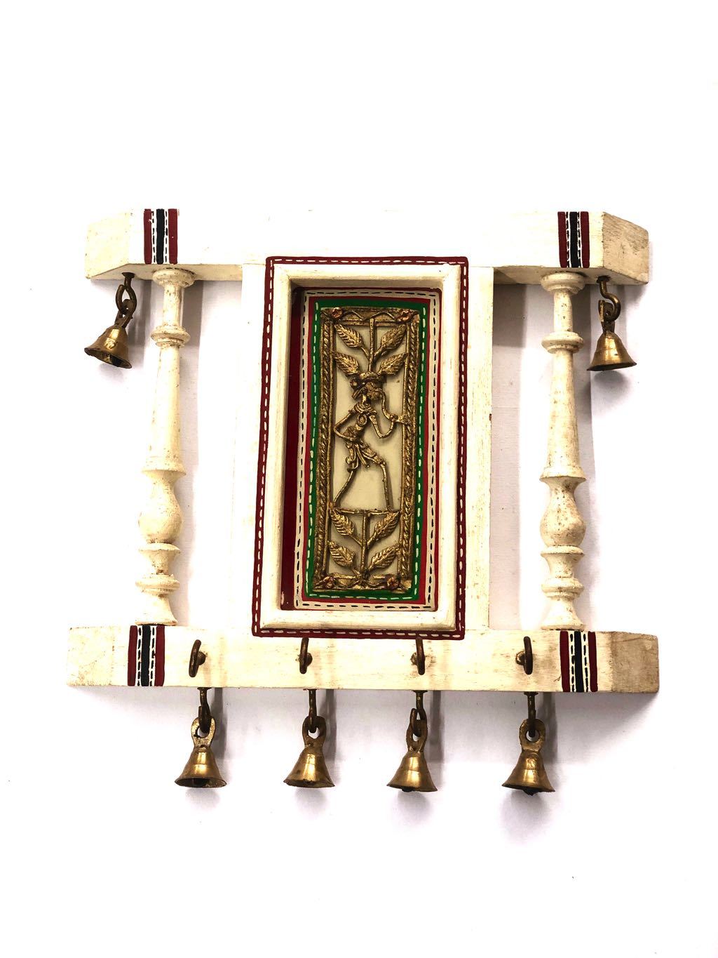 Wooden Key Holder Dhokra Art With Bells Miniature Painting From Tamrapatra