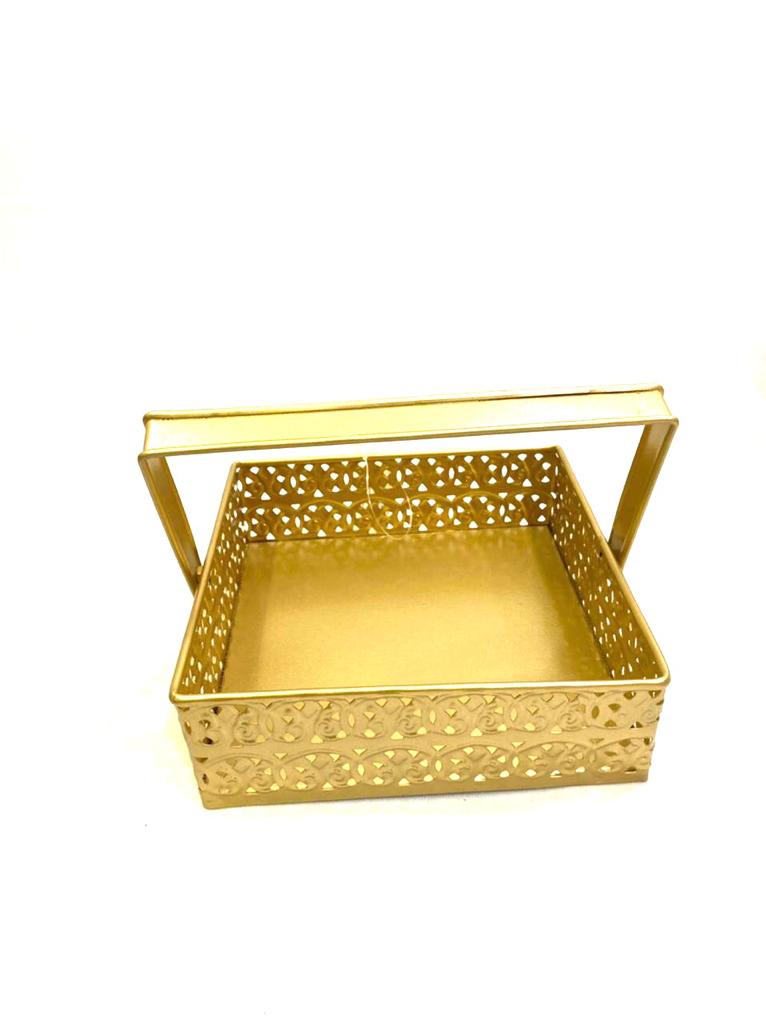 Square Metal Tray With Handle For Serving Dry Fruits Chocolates By Tamrapatra