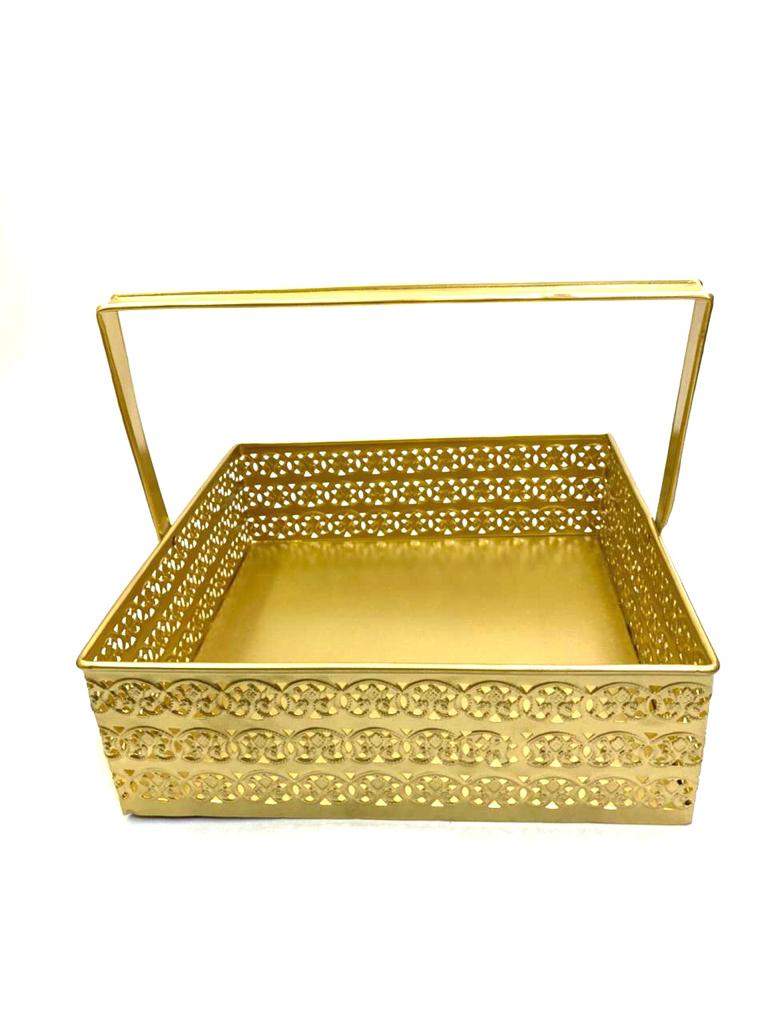 Square Metal Tray With Handle For Serving Dry Fruits Chocolates By Tamrapatra