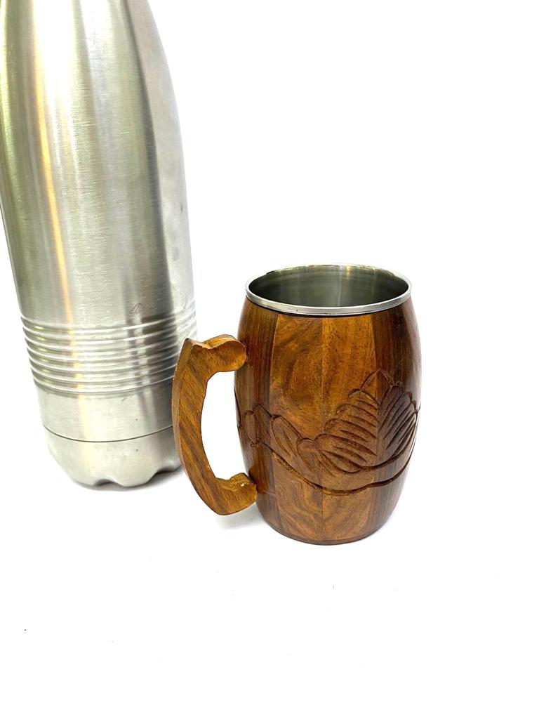 Magnificent Dholak Shaped Wooden Cups With Stainless Steel Inside Tamrapatra