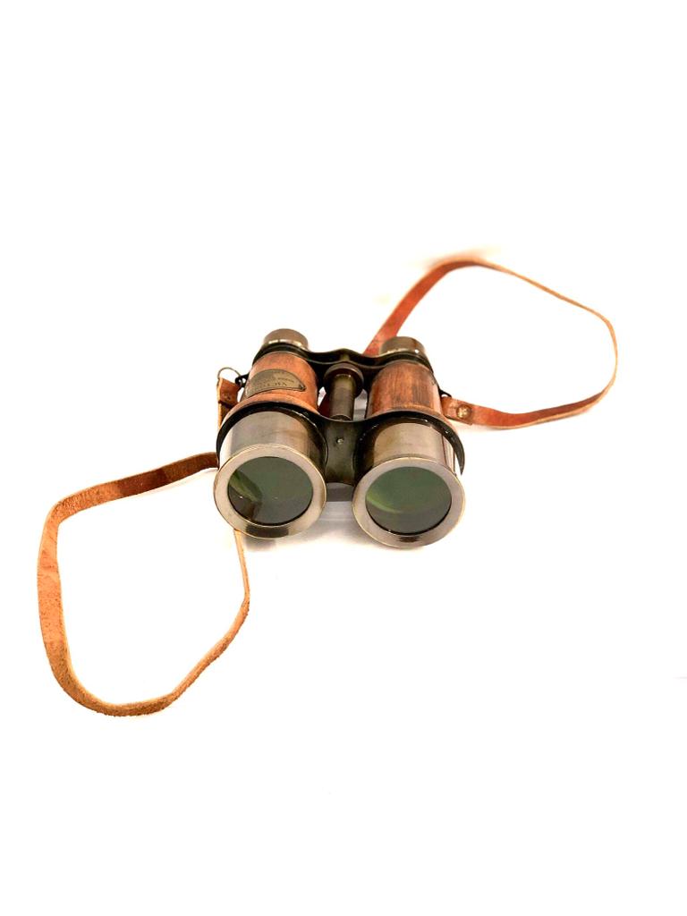 Vintage Brass Binoculars With Leather Stitched Carry Bag Nautical By Tamrapatra