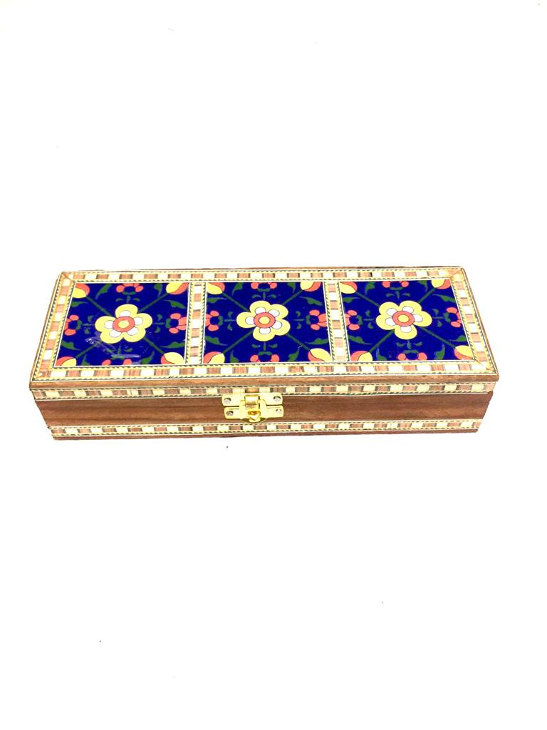 3 Tiles Blue Pottery On Wooden Storage Box With Velvet Interior By Tamrapatra
