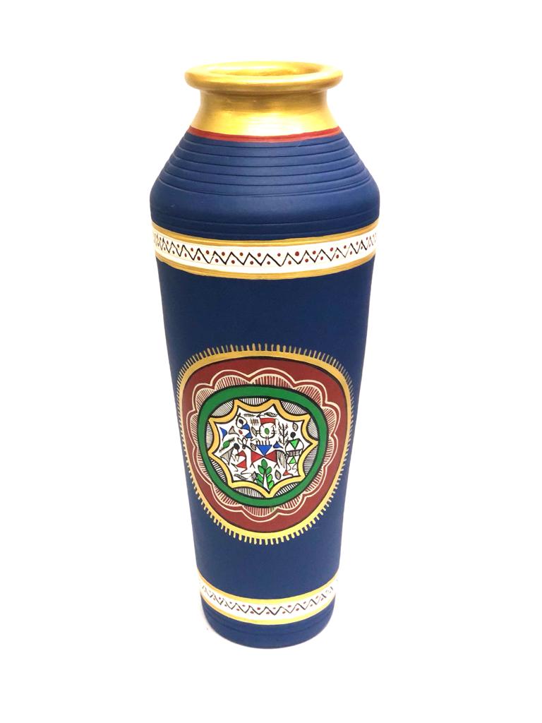 Hand Painted Miniature Warli Painting On Lovely Deep Blue Pots At Tamrapatra