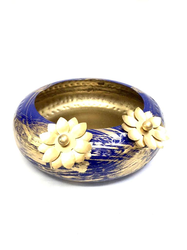 Exclusive Blue Gold Metal Urli Designed With Flower Petals New By Tamrapatra