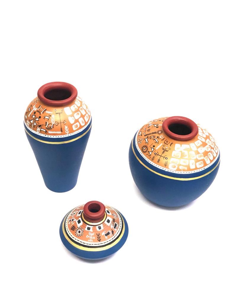 Traditional Terracotta Pottery With Warli Art Hand Painted Pots Blue Tamrapatra
