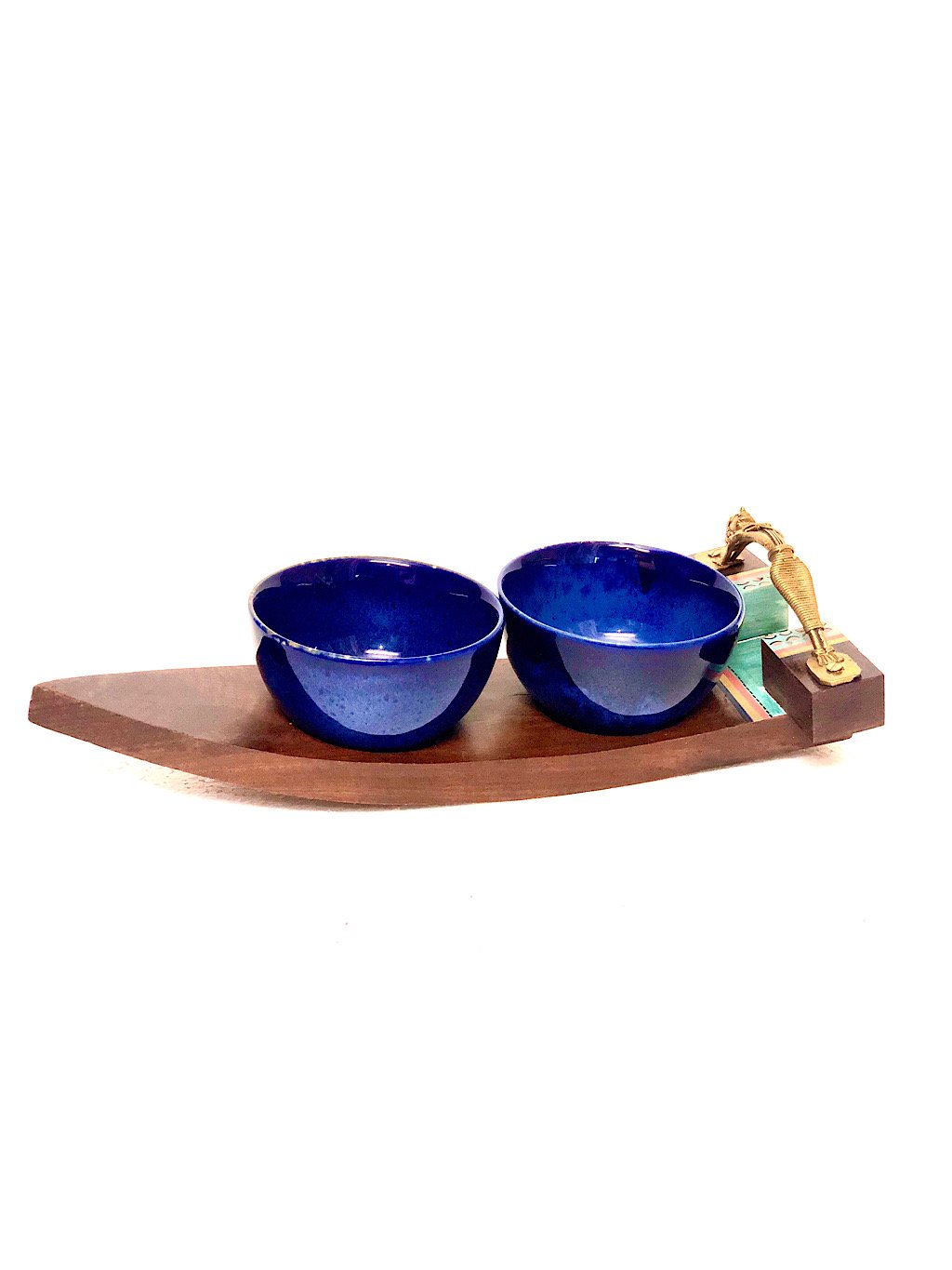 Unique Boat Shaped Wooden Tray & 2 Attractive Ceramic Bowls By Tamrapatra - Tanariri Hastakala