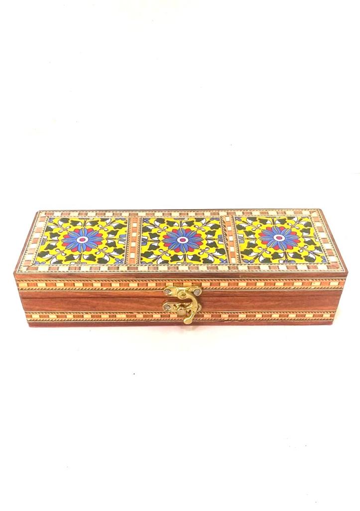 3 Tiles Blue Pottery On Wooden Storage Box With Velvet Interior By Tamrapatra