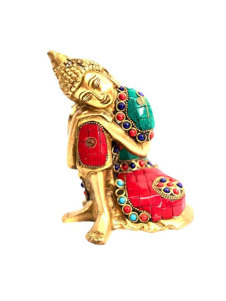 Buddha Idol 'Philosopher' In Brass Fine Quality Colour Gemstones Tamrapatra