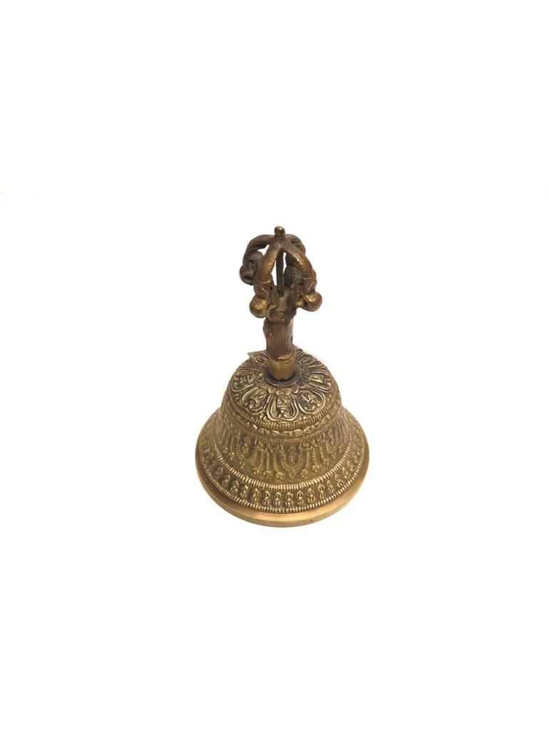 Melodious Brass Carving On Hand Bell For Prayers Pooja Temple Décor Tamrapatra