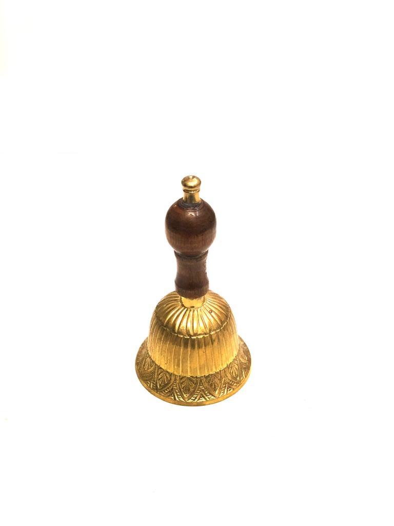 Handcrafted Brass Bells Wooden Handle Divine Collection In Sizes Tamrapatra