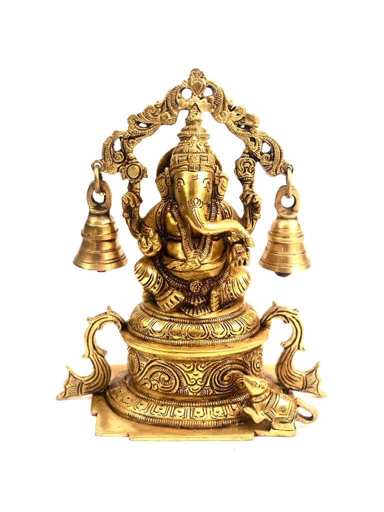 Fine Carving Lord Ganesh With Two Bells Brass Devotional Figures By Tamrapatra