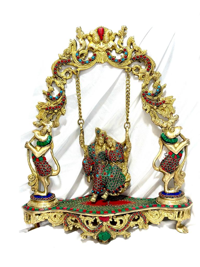 Radha Krishna Gemstone Brass On Swing Religious Art & Crafts From Tamrapatra