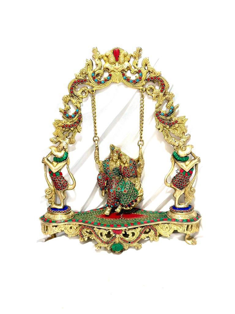 Radha Krishna Gemstone Brass On Swing Religious Art & Crafts From Tamrapatra