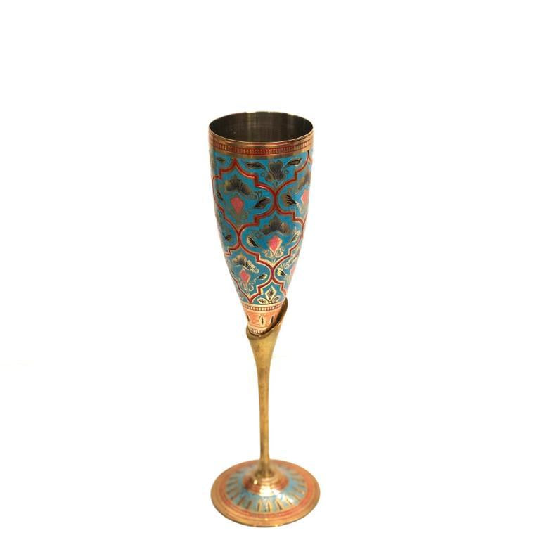 Sky Blue & Black  On Brass Engraved Wine Glass Royal Artware By Tamrapatra - Tamrapatra