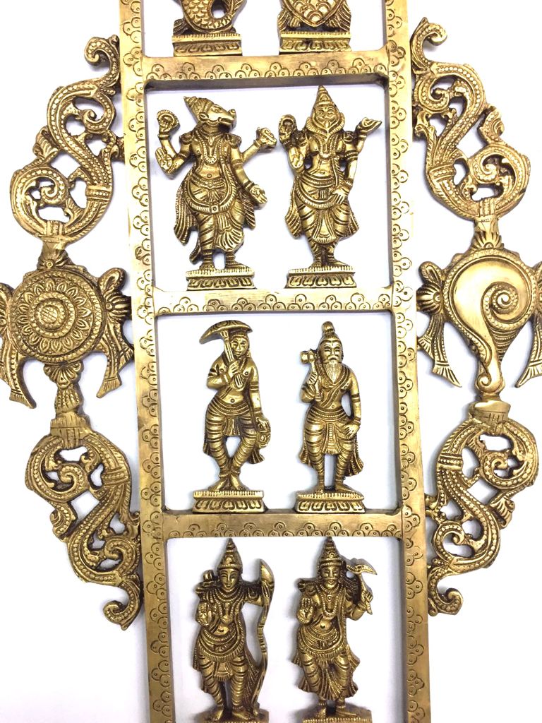 Vertical Brass Wall Hanging Dash Avtar Vishnu Spiritual Artwork By Tamrapatra