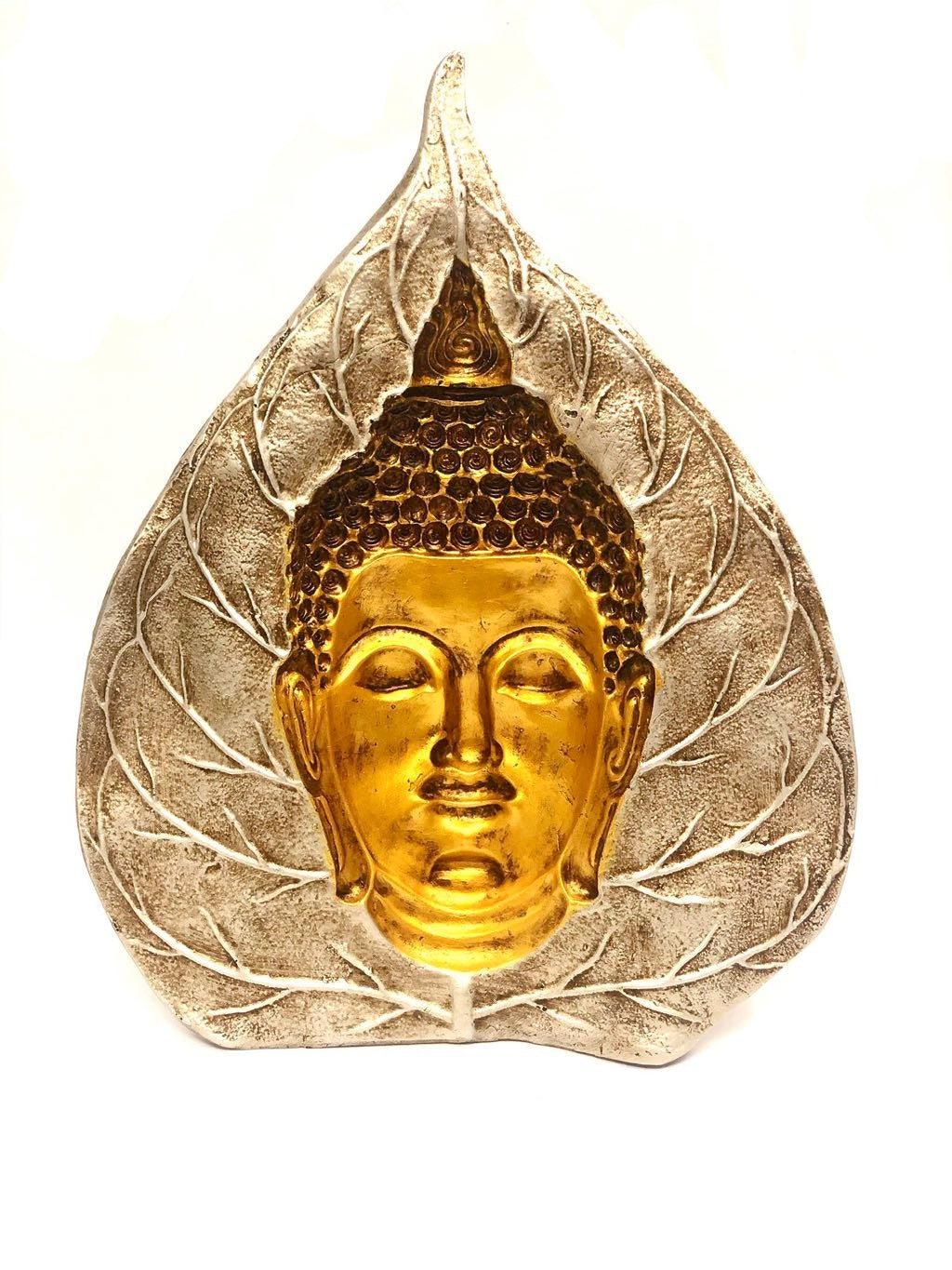 Big Leaf Buddha Face With 3D Resin Art Decorative Showpiece Tamrapatra