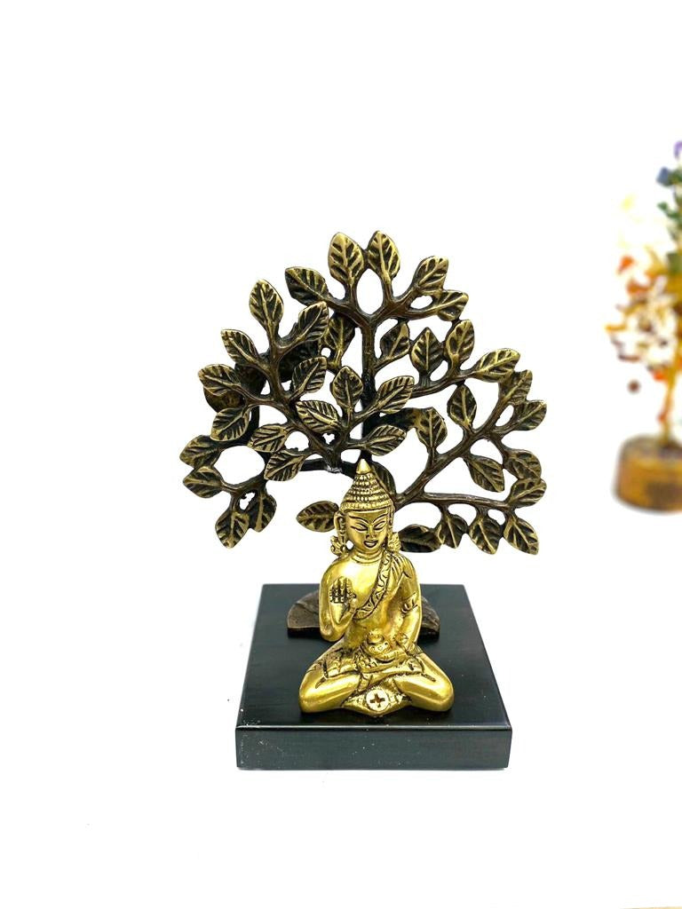 Buddha Figurine Under Brass Bodhi Tree With Wooden Stand Designs By Tamrapatra