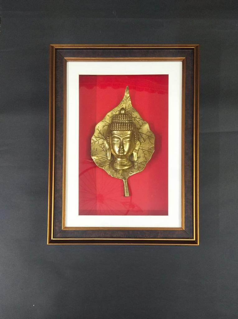Buddha On Leaf Brass Handcrafted Enclosed In Frame With Glass LED Tamrapatra