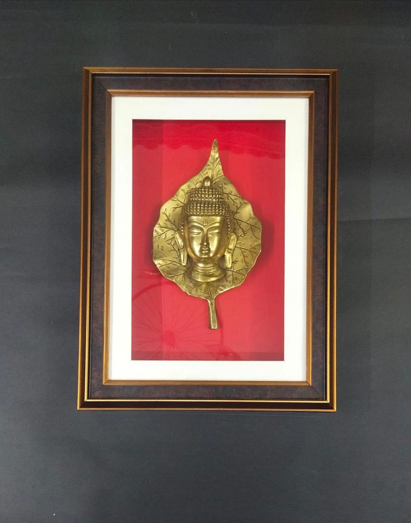 Buddha On Leaf Brass Handcrafted Enclosed In Frame With Glass LED Tamrapatra