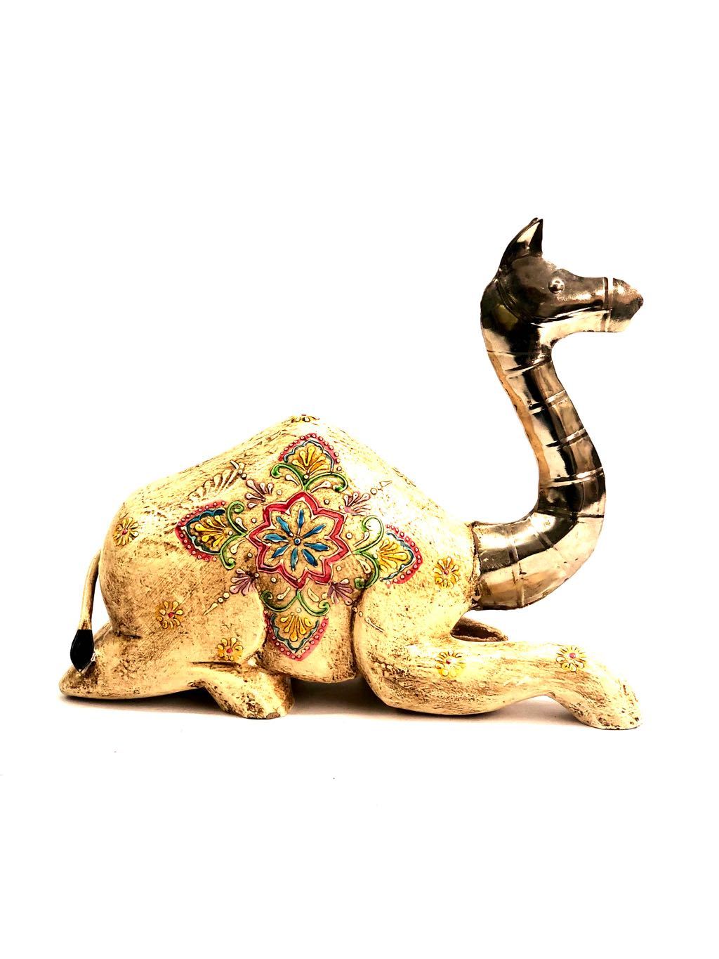 Rustic White Finish Camel Sitting Wooden & Metal Fusion Art Tamrapatra - Tanariri Hastakala