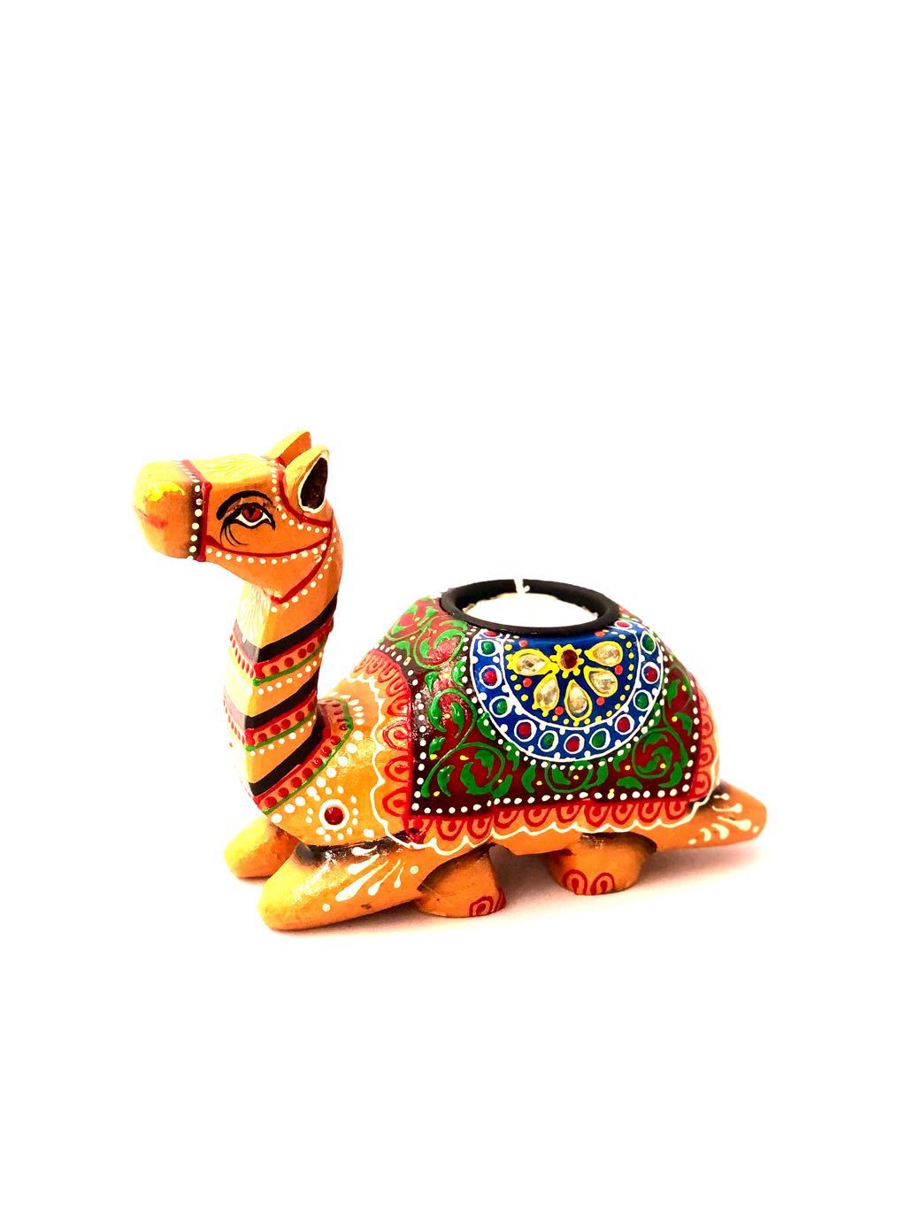 Wooden Sitting Camel Carrying Tea Light Holder On Top Decor Tamrapatra