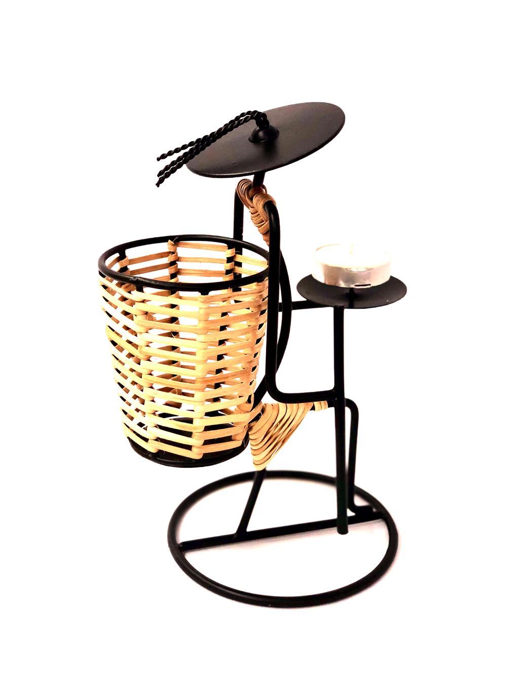 Tribal Lady Basket Wrought Iron With Cane Tea Light Holder Tamrapatra - Tamrapatra