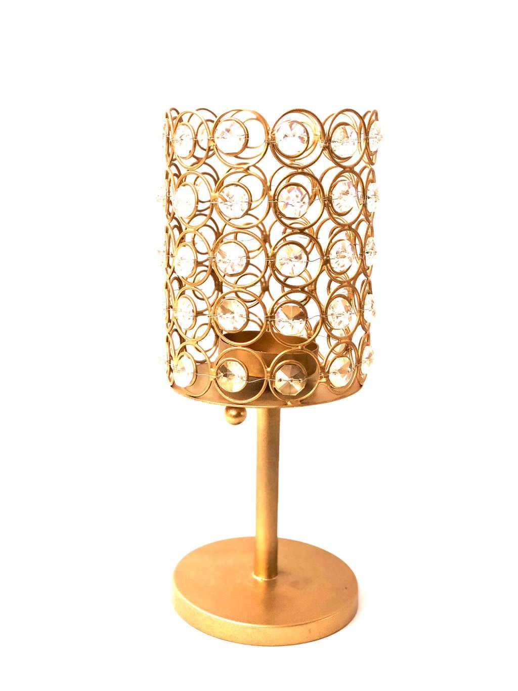 Crystal Cylinder Beautiful Tea Light Holder With Stand Metal Tamrapatra - Tamrapatra
