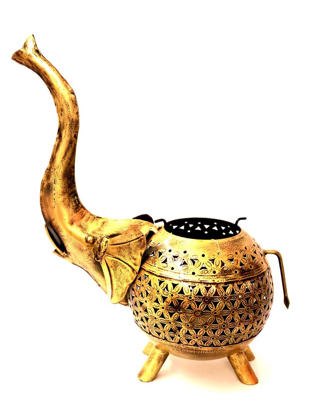 Iron Carved Elephant Tea Light Up Trunk Attractive Shape Tamrapatra - Tamrapatra