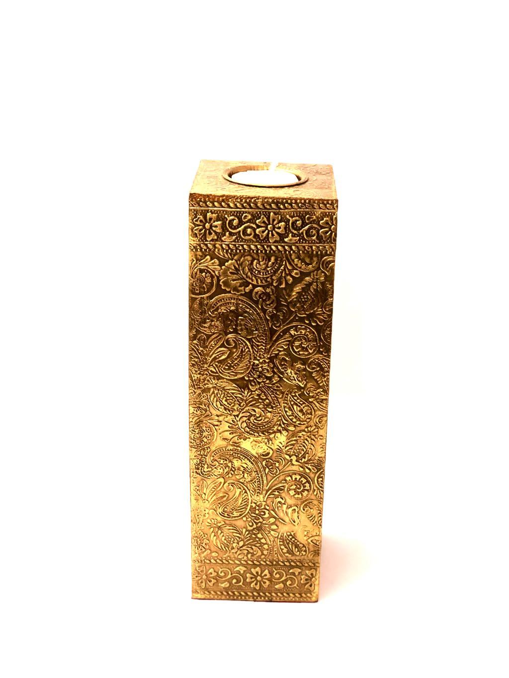Tea Light Holder Square Pillar Candle With Brass Emboss Tamrapatra - Tamrapatra