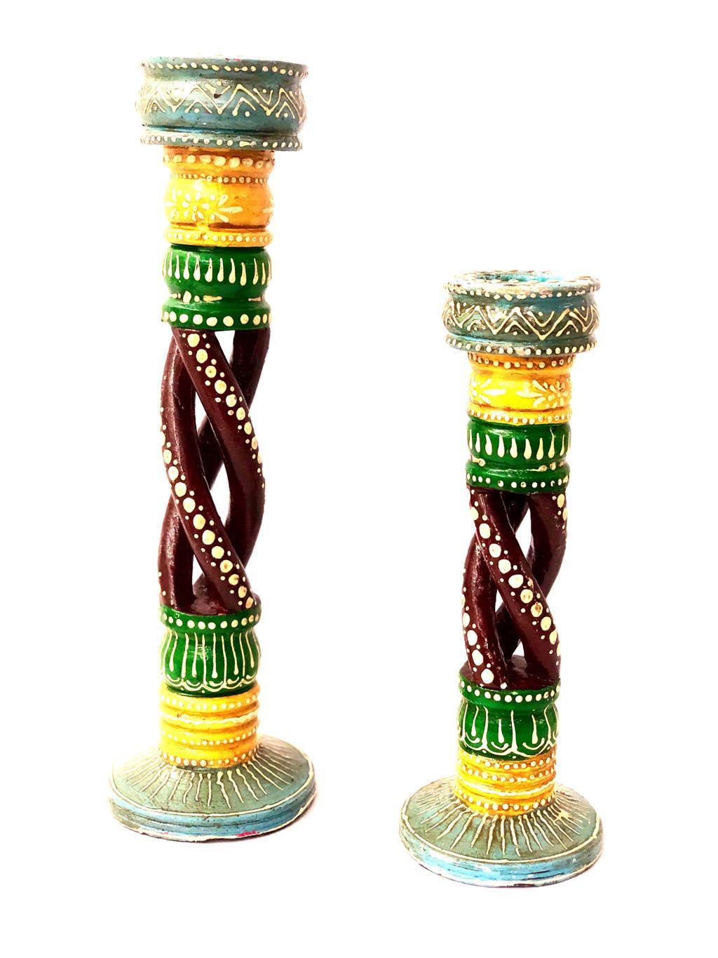 Spiral Pillar Multicolor Tea Light Wooden Lightings Set of 2 Tamrapatra - Tamrapatra