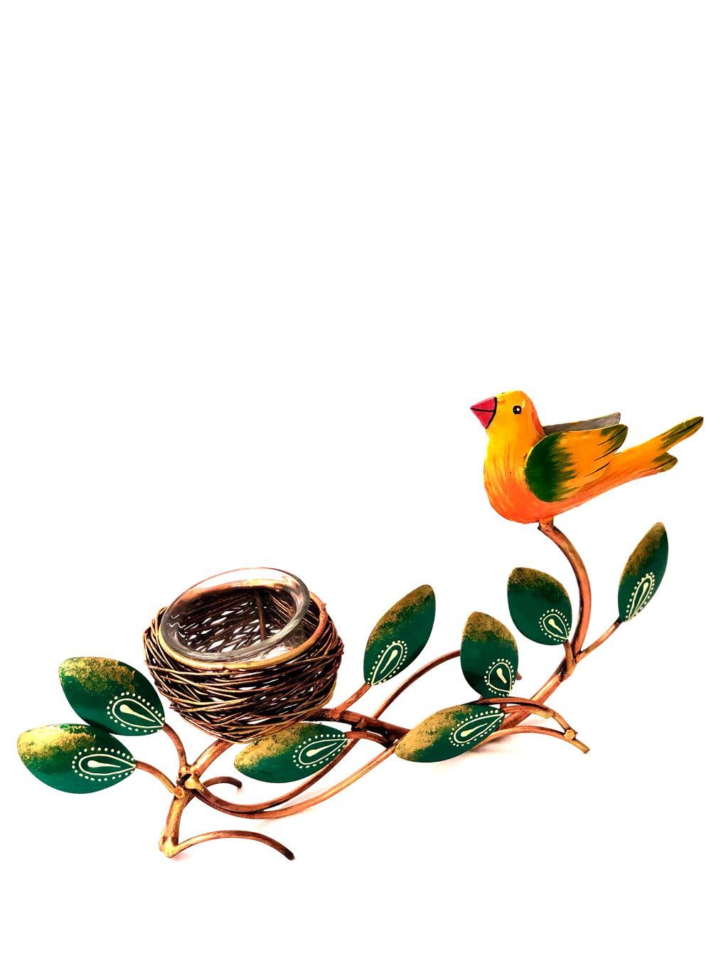 Bird With Nest Tea Light Holder Unique Combination Metal Tamrapatra - Tamrapatra