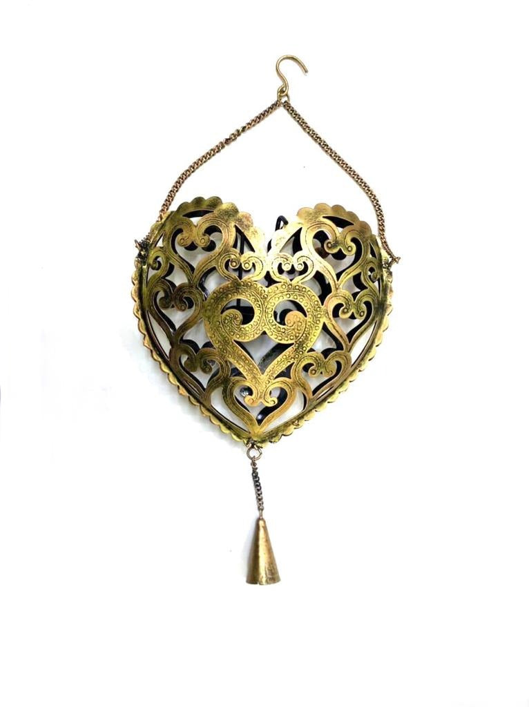 Heart Carving Metal Creations Tea Light Holder Hanging With Bell Tamrapatra