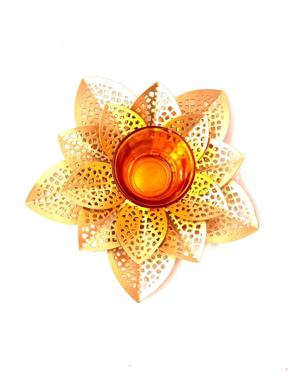 Lotus Metal Tea Light Candle Holder With Color Glass Tamrapatra - Tamrapatra