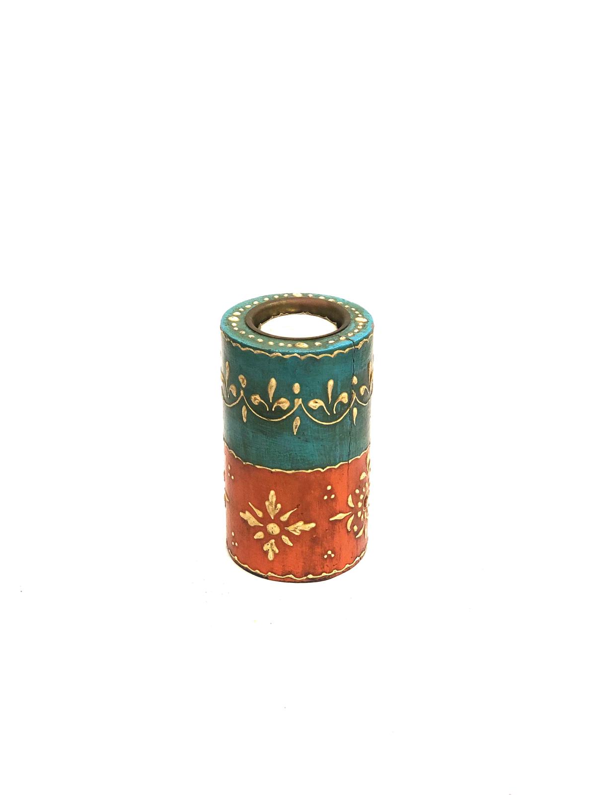 Candle Holder Traditional Style Painting Wooden Set Of 3 Pillar By Tamrpatra