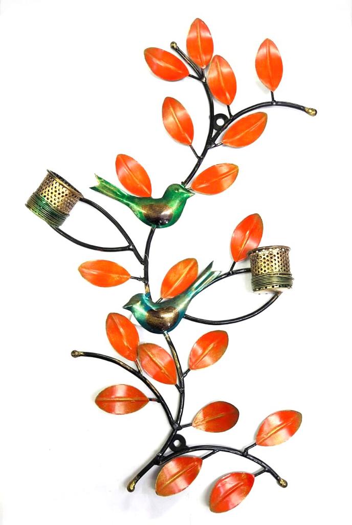 Bird On Leaves Metal Wall Art With Candle Holder Home Décor By Tamrapatra