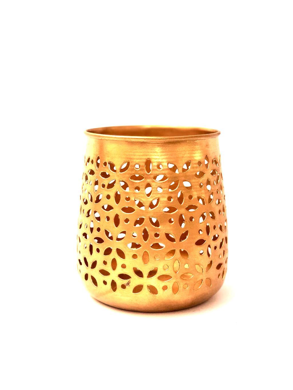 Metal Flower Carved Votive Gold Candle Holder Creations Tamrapatra - Tamrapatra