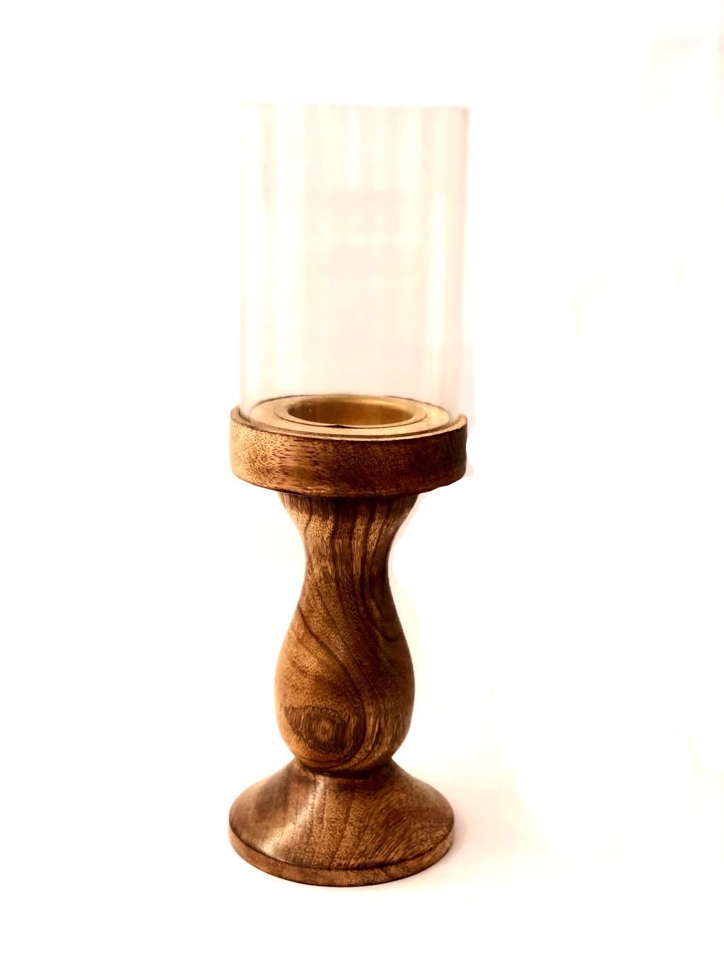Wooden Finish Pillar Style Candle Holder With Striking Glass Tamrapatra