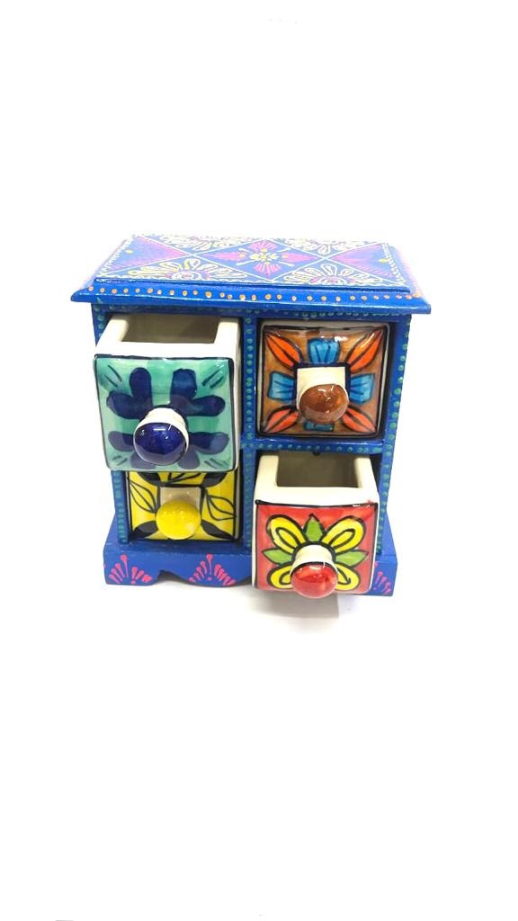 4 Ceramic Drawer Enclosed In Traditional Hand Painted Wooden Box By Tamrapatra