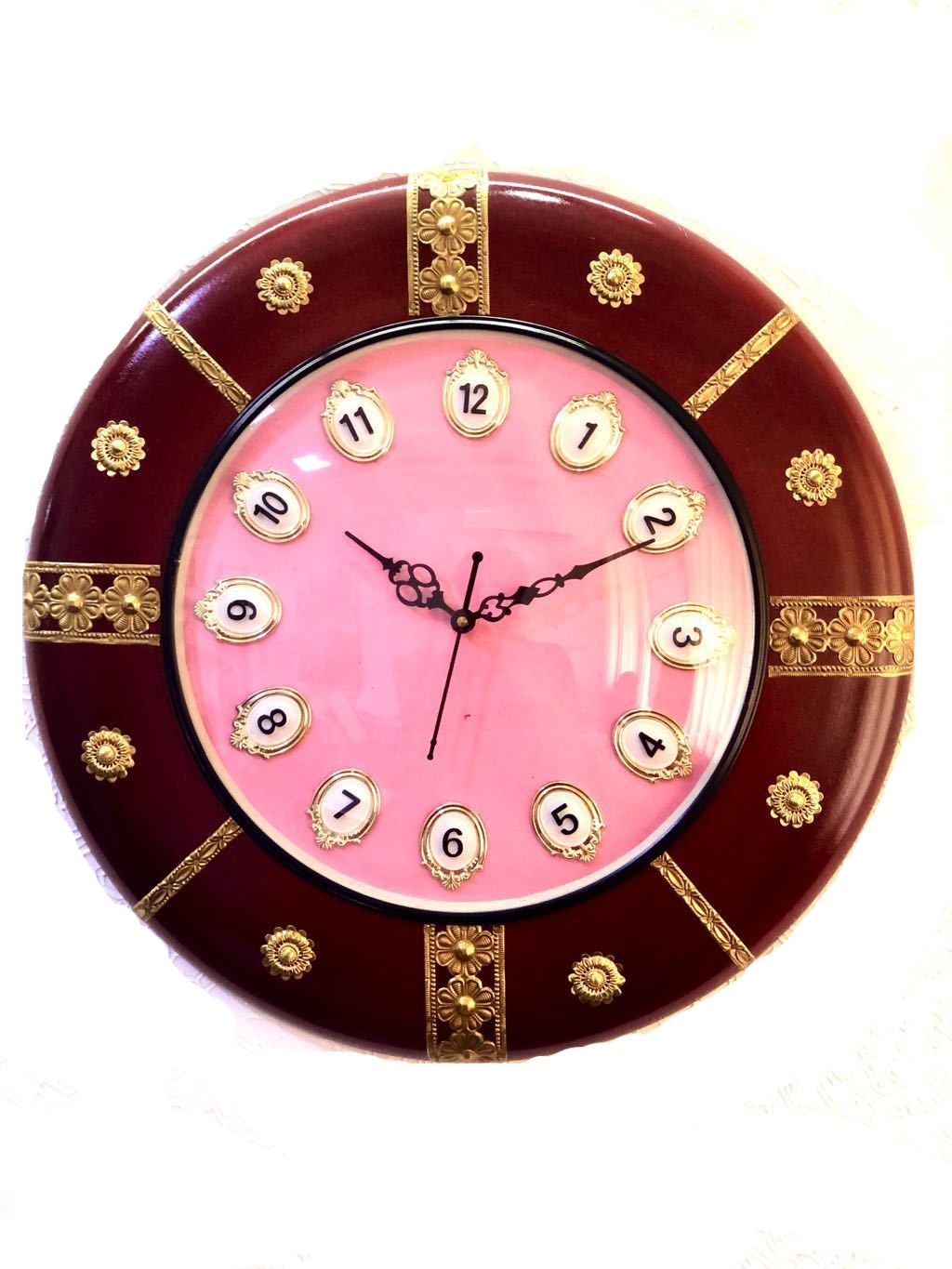 Wall Clock Wooden Finish With Brass Emboss Handcrafted Tamrapatra - Tamrapatra
