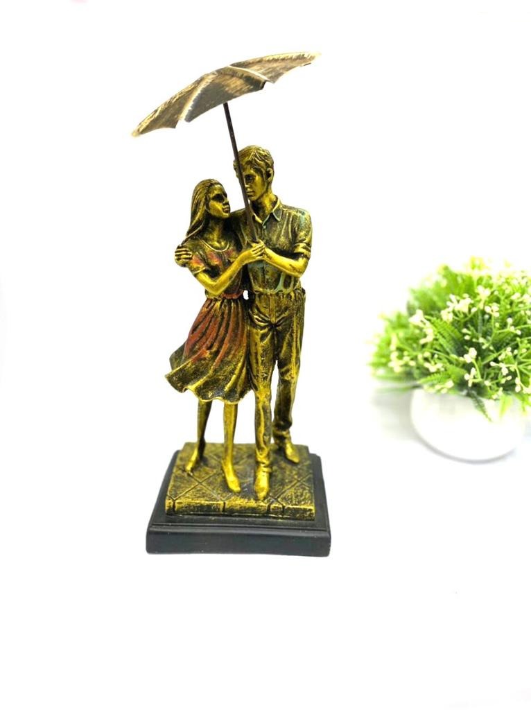Couple Under Umbrella Rainy Season Statue Rusty Gold Tamrapatra