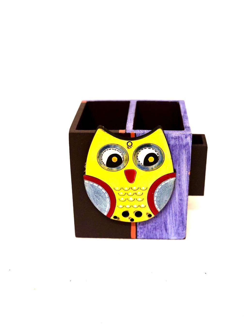 Wooden Cutlery & Toothpick Holder Owl Collection Hand Painted Tamrapatra