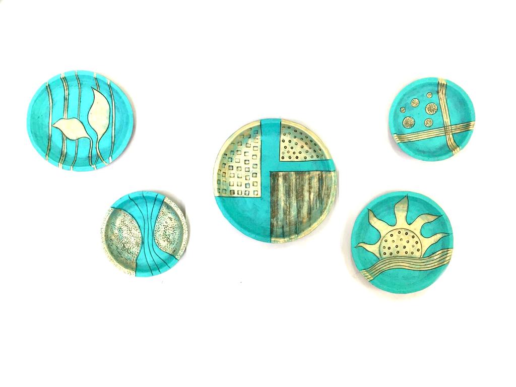 Cyan Blue Terracotta Clay Hanging Wall Plates In Set Of 5 From Tamrapatra