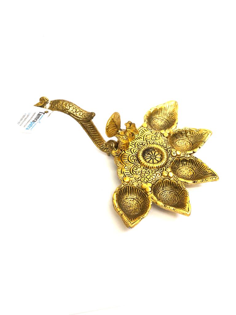 5 Deepak Hand Pooja Accessories Metal Art With Peacock Design By Tamrapatra