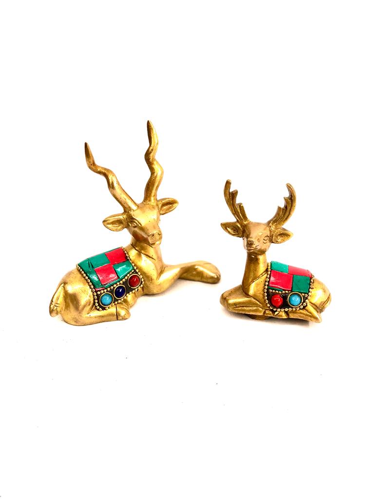 Brass Deer Pair With Studded Gem Stones Creatively Indian Art By Tamrapatra
