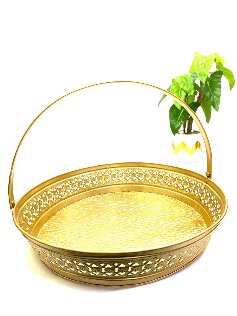Metal Round Carving Design Baskets In Different Size For Decoration Tamrapatra