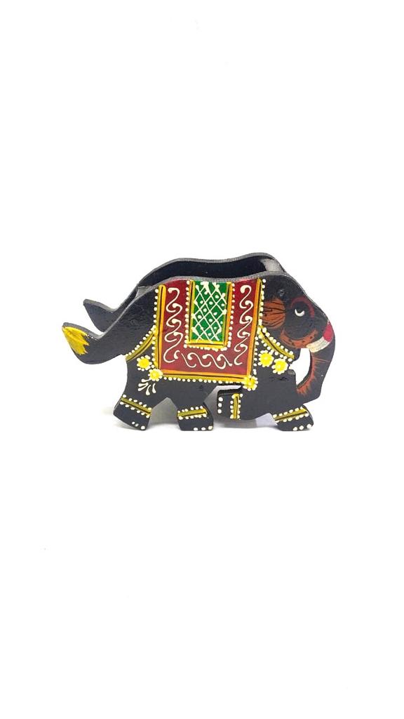 Elephant Wooden Hand Painted Visiting Card Holder With Carving Tamrapatra