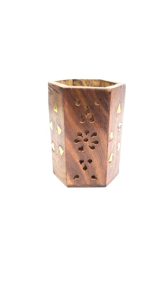 Wooden Carving Pen Stand With Combination Of Brass Strips Tamrapatra