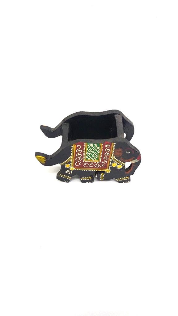 Elephant Wooden Hand Painted Visiting Card Holder With Carving Tamrapatra