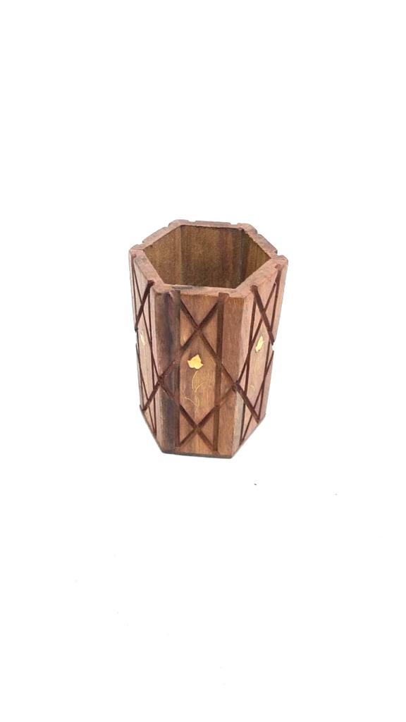 Wooden Carving Pen Stand With Combination Of Brass Strips Tamrapatra